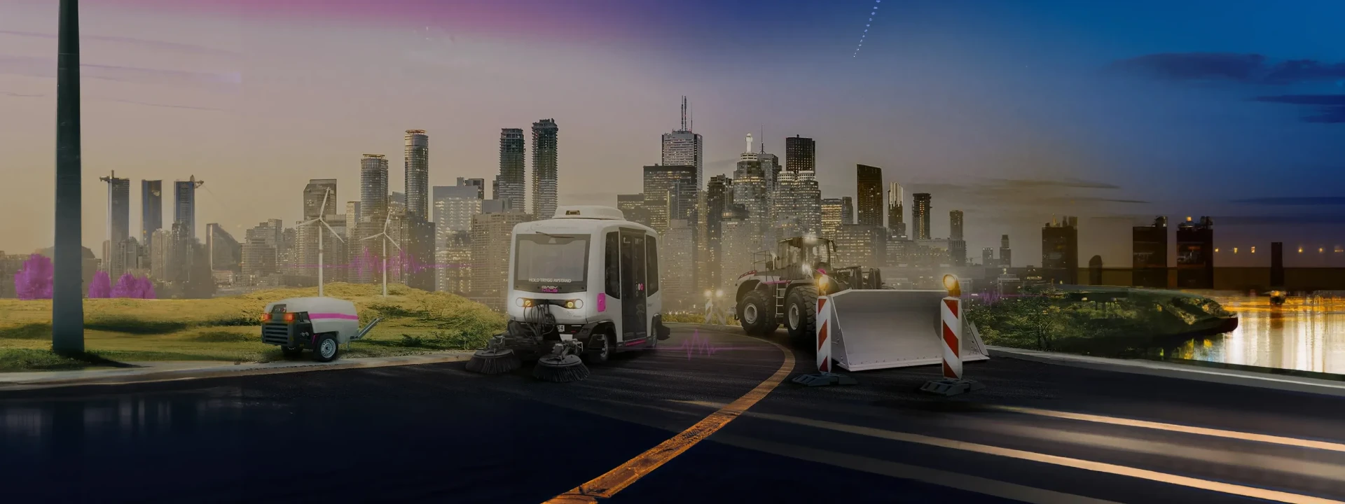 Fahrzeuge, Baumaschinen und autonome Mobilität vor der Skyline der Stadt der Zukunft